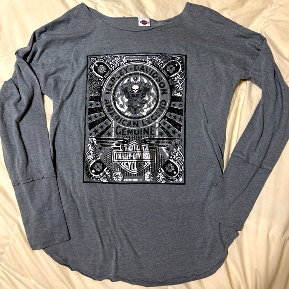 Harley Davidson Rhinestone Shirt Sleeve Gray Black Skull Motorcycle Sz Large - Picture 2 of 12